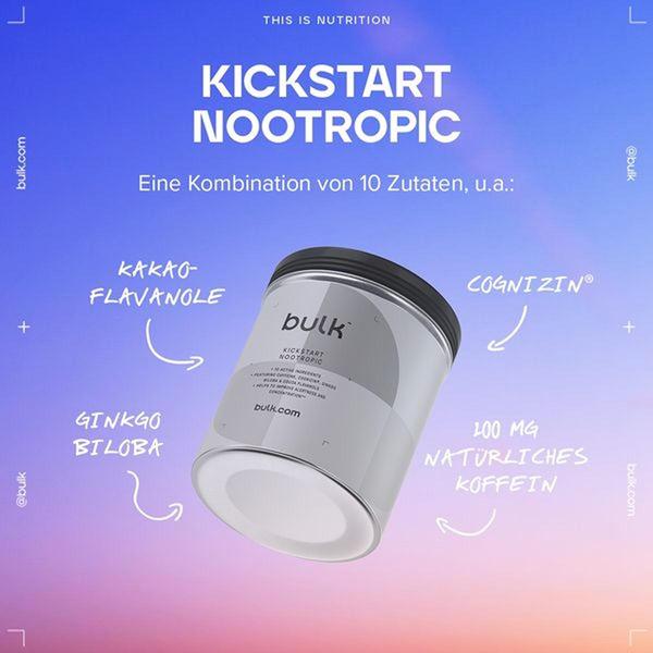 A square format creative featuring a product tub surrounded by clean, floating text labels that highlight core ingredients like Cognizin and Ginkgo Biloba.